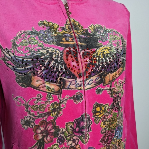 Ed Hardy Y2K pink velvet rhinestone heart wings flowers zip up hoodie L - Picture 3 of 11